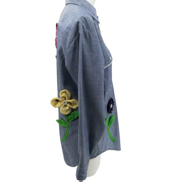 Vintage Applique Flower Chambray Button Front Shirt Size Mens Small Womens M/L - Picture 15 of 15